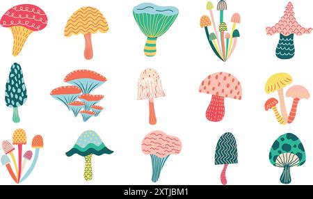 Set di funghi stravaganti. Funghi fantastici stilizzati. Illustrazioni vettoriali disegnate a mano. Illustrazione Vettoriale