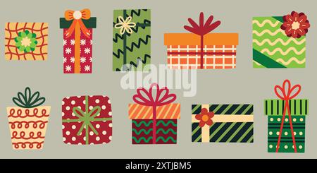 Set di elementi delle confezioni regalo. Natale, compleanno, festa, festa, sorpresa. Illustrazioni vettoriali disegnate a mano. Illustrazione Vettoriale