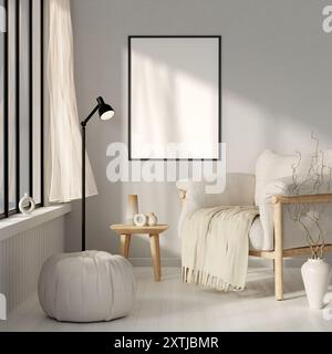 Accogliente soggiorno minimalista con elementi di design scandinavi e cornice vuota per opere d'arte personalizzate Foto Stock