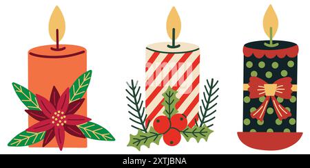 Set illustrativo candele di Natale. Illustrazioni vettoriali disegnate a mano. Illustrazione Vettoriale