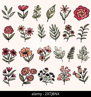 Set di fiori primaverili ed elementi fogliari. Illustrazioni vettoriali disegnate a mano. Illustrazione Vettoriale