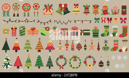 Set illustrativo decorazioni natalizie. Alberi di Natale, campane, calze, luci, ornamenti, baule, lanterne, fiocchi di neve, regali e molto altro ancora. Illustrazione Vettoriale