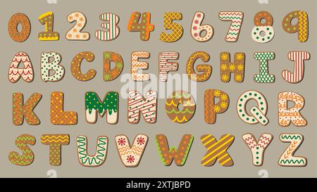 Set di lettere e numeri alfabetici per biscotti al pan di zenzero. Font natalizi con lettere a mano. Illustrazioni vettoriali disegnate a mano. Illustrazione Vettoriale