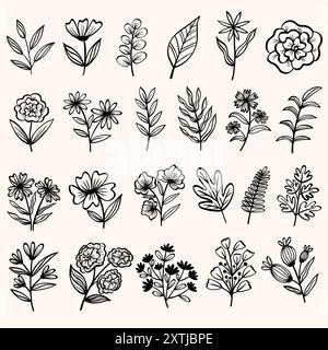 Set di elementi artistici per linee floreali e floreali primaverili. Illustrazioni vettoriali disegnate a mano. Illustrazione Vettoriale