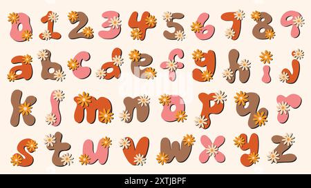 Insieme di lettere e numeri dell'alfabeto a margherita retrò. Font primaverili ed estivi con lettere a mano. Illustrazioni vettoriali disegnate a mano. Illustrazione Vettoriale