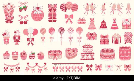 Set illustrativo per feste di compleanno a tema Coquette. Torte vintage, cupcake, ciliegie, fragole, confezioni regalo, cappelli da festa, nastri, palloncini e molto altro ancora. Illustrazione Vettoriale