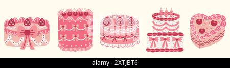 Set illustrativo di torte di compleanno a tema Coquette. Torte in stile vintage decorate con nastri, ciliegie e fragole. Illustrazione Vettoriale