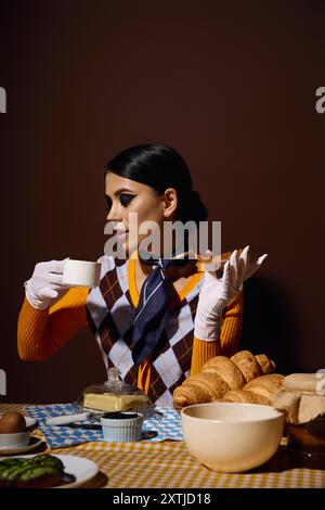 Una giovane donna con un maglione alla moda gode di una piacevole colazione. Foto Stock