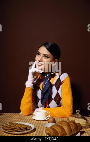 Una giovane donna con un abito alla moda si posa con cura a un tavolo per la colazione. Foto Stock