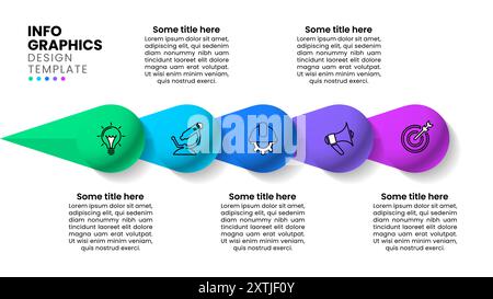 Modello infografico con icone e 5 opzioni o passaggi. Palle di fila. Può essere utilizzato per layout del flusso di lavoro, diagrammi, banner, webdesign. Illustrati vettoriali Illustrazione Vettoriale