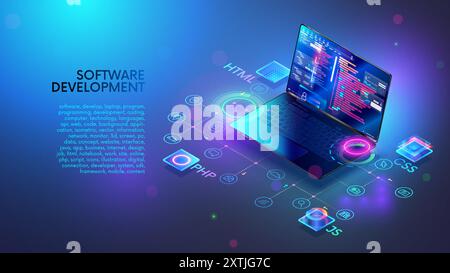 Software, sviluppo web, concetto di programmazione. Linguaggi di programmazione, codice di programmazione sul laptop. Icone di computer e laptop. Tecnologia del software d Illustrazione Vettoriale