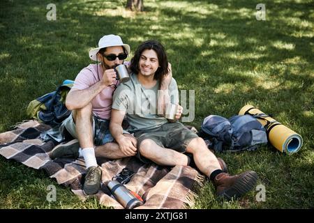 Una giovane coppia gay si gode una pausa durante la loro escursione estiva, condividendo bevande e risate nella tranquilla natura selvaggia. Foto Stock