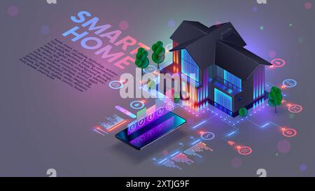 Background concettuale isometrico Smart Home. IOT o Internet of Things House System. Connessione e controllo intelligenti con i dispositivi tramite rete domestica Illustrazione Vettoriale