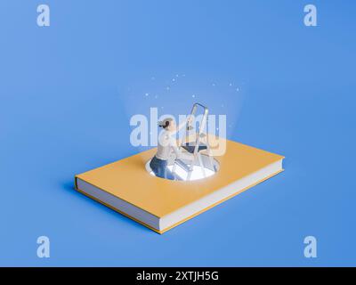 Donna che sale una scala che esce da un buco in un libro giallo con fascio di luce e scintille, su sfondo blu. Concetto di conoscenza, immaginazione e.. Foto Stock