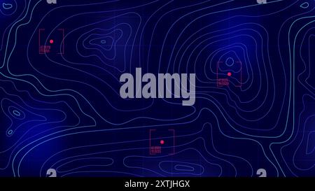 Tecnologia futuristica dell'interfaccia utente delle linee di contorno topografiche. Inseguitore di coordinate GPS ai. Modello di mappa geografica per la cartografia. Illustrazione del vettore blu Illustrazione Vettoriale