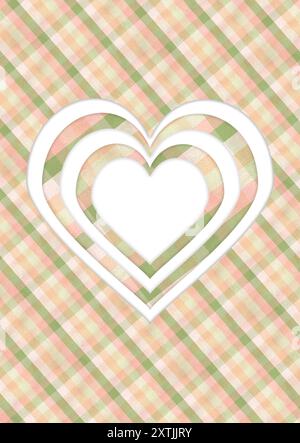 Cartolina pronta per l'uso con design a taglio di carta. Cuori bianchi su motivo a scacchi con texture ad acquerello. Strisce verdi, gialle, beige. wat disegnato a mano Foto Stock