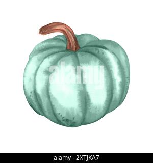 Una grande zucca verde. Festa autunnale del raccolto di verdure. Zucca del Ringraziamento. Arredamento di Halloween. Illustrazione ad acquerello disegnata a mano. Foto Stock