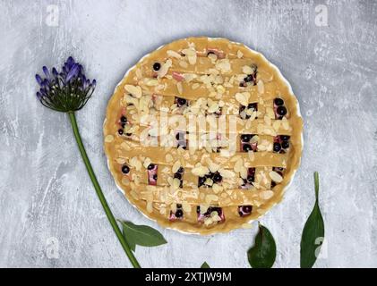 Torta di frutti di bosco fatta in casa su sfondo di cemento. Vista dall'alto. Torta di frutti di bosco fatta in casa cruda su sfondo di cemento. Vista dall'alto. Foto Stock