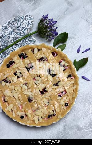 Torta di frutti di bosco fatta in casa su sfondo di cemento. Vista dall'alto. Torta di frutti di bosco fatta in casa cruda su sfondo di cemento. Vista dall'alto. Foto Stock