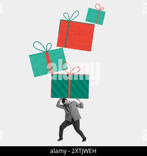 Uomo monocromatico che trasporta quattro regali colorati e avvolti. Collage d'arte contemporanea. Momenti di gioia. Foto Stock