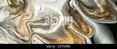 Astratto fluido arte sfondo beige e grigio colori. Marmo liquido. Pittura acrilica su tela con linee bianche e sfumatura. Sfondo con inchiostro a base di alcol Foto Stock