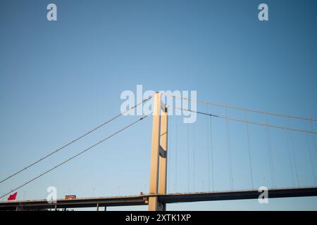 Una vista intricata e dettagliata del Ponte sul Bosforo di Istanbul dall'alto, che mette in evidenza la struttura e gli elementi strutturali che definiscono questo ingegnere Foto Stock