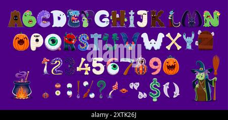 Font dei personaggi dei cartoni animati di Halloween, carattere spaventoso, tipo di festa divertente, alfabeto delle favole inglese. Caratteri delle lettere vettoriali di Halloween con mostri di strega, zucca, fantasma, pipistrello e zombie, mummie e vampiri Illustrazione Vettoriale