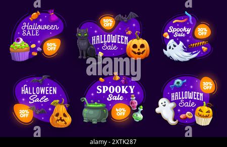 Striscioni ed etichette di Halloween. Set di badge per le vacanze con fantasmi cartoni animati, gatto nero, dolci, pentole e zucche. Tag promozionali vettoriali spaventosi per sconti stagionali, eventi di liquidazione festiva e feste Illustrazione Vettoriale