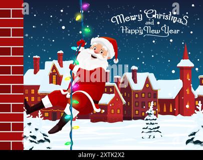 Festa segreta di Babbo Natale per Natale, Babbo Natale a cartoni animati appeso a garland, striscione vettoriale. Vacanze invernali buon Natale e felice Capodanno con Babbo Natale segreto e regali nella città innevata Illustrazione Vettoriale