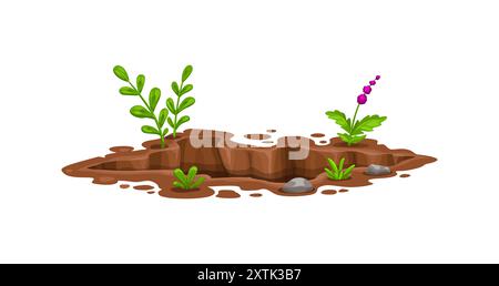 Buca nel terreno, profonda tana sporca nel terreno con pietre e piante, vettore di cartoni animati. Scava buca cava o tana sotterranea di porci e roditori di talpa in giardino o nel terreno boschivo Illustrazione Vettoriale