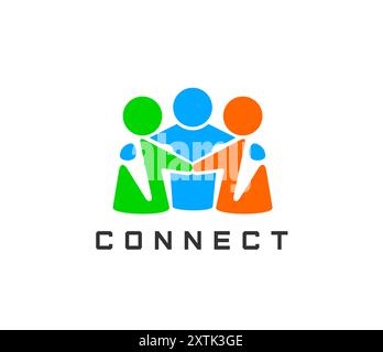 L'icona, il lavoro di squadra o l'emblema del vettore unionale della comunità collegano le persone insieme rappresenta tre figure umane astratte e colorate collegate in un cerchio, che trasmettono sostegno, servizi sociali, networking, cooperazione Illustrazione Vettoriale
