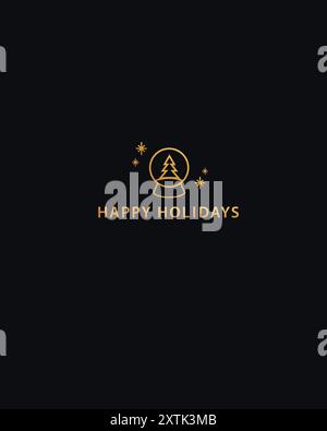 Illustrazione vettoriale. Semplice ed elegante saluto delle buone feste in oro, con globo di neve con albero e fiocchi di neve cadenti su sfondo nero. Illustrazione Vettoriale