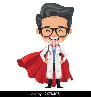 Cartoon Happy Doctor Hero con uno stetoscopio che indossa il suo mantello da supereroe. Supereroe della salute che combatte virus e malattie. Concetto di salute e medicina. Rif Illustrazione Vettoriale