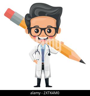 Cartone animato di un medico che trasporta una matita che simboleggia l'importanza della documentazione, dello studio e della creatività nella pratica medica. Salute e medicina conce Illustrazione Vettoriale