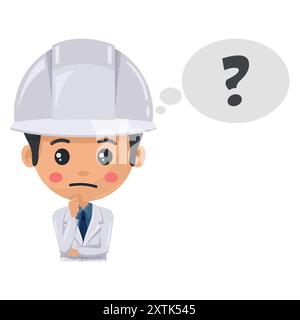 Il supervisore della produzione del controllo qualità esprime dubbi e incertezze, pensando con una nuvola di dialogo con un segnale di domanda. Segno di domanda per FAQ con Illustrazione Vettoriale