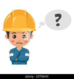 Ingegneri che pensano ed esprimono dubbi in un nuovo progetto industriale. Meccanico industriale con i suoi dispositivi di protezione individuale. Sicurezza industriale Illustrazione Vettoriale