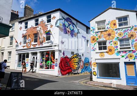 Brighton UK - pitture murali colorate, alcune delle gemelle scintillanti all'angolo tra Gloucester Road e Trafalgar Lane, nell'area di North Laine di Brighton, Sussex UK Foto Stock