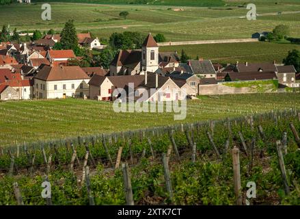 Morey-St-Denis villaggio e chiesa dal vigneto Clos des Lambrays Grand Cru, Borgogna Côte d'Or, Francia. [Côte de Nuits] Foto Stock