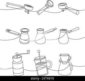Caffetteria, disegno continuo a una linea. Portafiltri, pentole di caffè turco, macinacaffè, pressa francese, macchina per caffè, illustrazione continua su una riga. Illustrazione Vettoriale