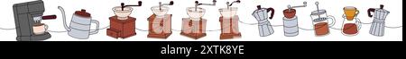 Set caffè con disegno continuo a una linea colorata. Macchina per il caffè, bollitore a collo d'oca, macinacaffè, macchina per il caffè, illustrazione colorata a una linea continua. Illustrazione Vettoriale