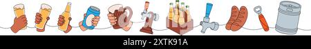 Il birrificio imposta un disegno continuo a una linea colorata. Fusto in metallo, apribottiglie, salsicce, spillatore di birra, lattina, in vetro, bottiglie continue a una riga. Illustrazione Vettoriale
