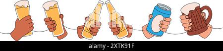 Mani che reggono una tazza di birra una linea colorata disegno continuo. Illustrazione continua di una riga dei prodotti da pub della birra. Illustrazione lineare vettoriale. Illustrazione Vettoriale