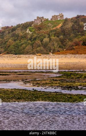 La palude salata sul retro della spiaggia presso la baia di tre scogliere, nel Galles meridionale, con le rovine di un castello medievale che torreggia sopra di esso sullo sfondo Foto Stock
