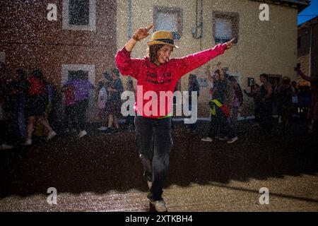 15 agosto 2024, Calzada del Coto, Castilla Y Leon, Spagna: Una giovane donna balla sotto un ruscello d'acqua mentre un trattore tira un carro pieno di legna da ardere per le strade di Calzada del Coto, durante i preparativi per la celebrazione del falò di San Roque. La città di Calzada del Coto celebra il falò di San Roque, una tradizione che ha più di settant'anni. Si tratta del fatto che all'alba del 15 agosto, gli anziani salgono sulla montagna per raccogliere legna da ardere di quercia e riempire un carro trainato da un trattore, per entrare in città con una grande festa e prepararsi al grande falò di Foto Stock