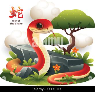 Anno del serpente 2025. serpente colorato 3d con pietra naturale, illustrazione vettoriale dell'erba Illustrazione Vettoriale