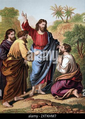 Illustrazione di Gesù Cristo guarì il sordo (Marco) dalle Sacre Scritture antiche del XIX secolo con commento pratico Foto Stock