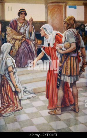 Illustrazione del giudizio di Salomone - due madri che vivevano nella stessa casa avevano ciascuno un figlio neonato uno era morto e ogni madre sosteneva la vita Foto Stock