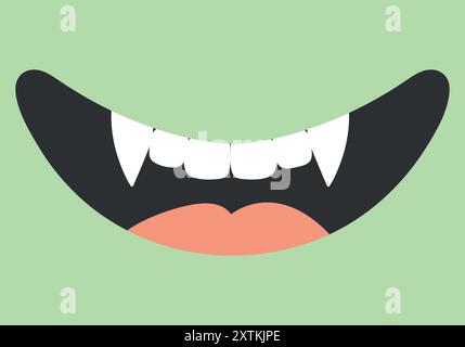 Cartone animato bocca sorridente di un mostro verde. Sorriso mostro con zanne. Stile infantile carino. Illustrazione vettoriale Illustrazione Vettoriale