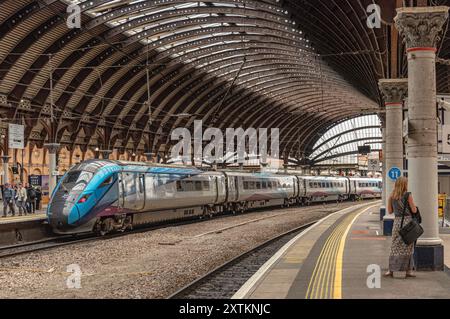 Un treno si trova in una piattaforma della stazione ferroviaria sotto una storica tettoia di ferro del XIX secolo. I passeggeri sono sulla piattaforma e una donna è in foregrou Foto Stock