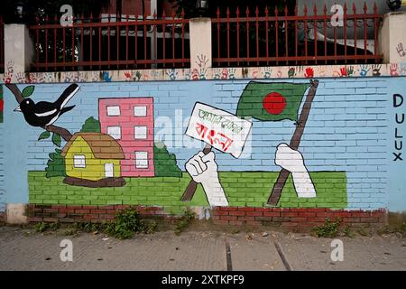 Una vista degli studenti dipingono graffiti su un muro lungo una strada per esprimere le loro voci dopo la caduta dell'ex primo ministro del Bangladesh Sheikh Hasina a Dhaka, Bangladesh, il 15 agosto 2024 Foto Stock